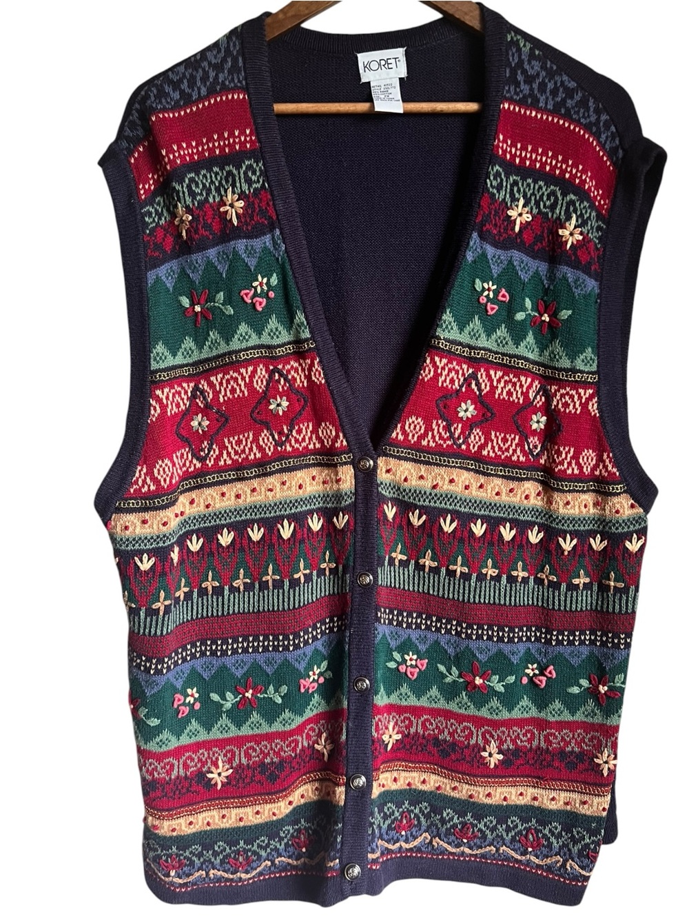Vintage Koret Womens Sz 2X Embroidered Fair Isle Sweater Vest Floral Cottagecore